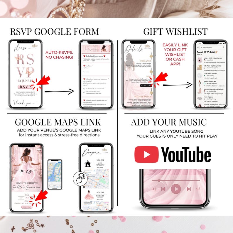 以下が含まれることがあります： 結婚式の計画アプリの機能が示された4つのスマートフォンを示すグラフィック。機能には、RSVP、ギフトウィッシュリスト、Googleマップリンク、YouTube経由の音楽統合が含まれます。デザインはピンクと白で、装飾的な要素があります。