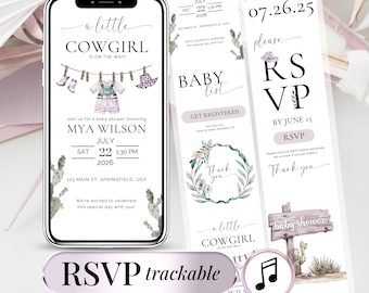 Digitale Einladung zur Babyparty im Cowgirl-Stil (bearbeitbare Canva-Vorlage)