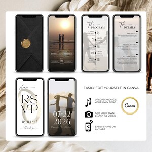 Editable Canva digital wedding invitation video template – black and gold theme with RSVP, timeline, details, and custom date slides. Add your own photo, video, or song. Modern animated Save the Date for smartphone. Easy to edit and share on any app.