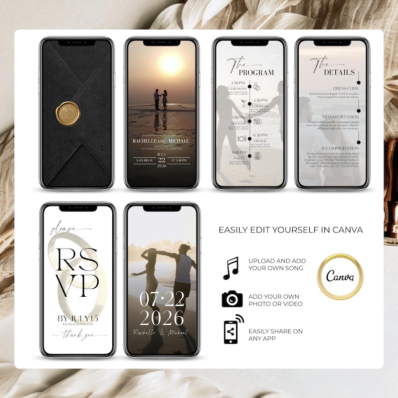 Editable Canva digital wedding invitation video template – black and gold theme with RSVP, timeline, details, and custom date slides. Add your own photo, video, or song. Modern animated Save the Date for smartphone. Easy to edit and share on any app.