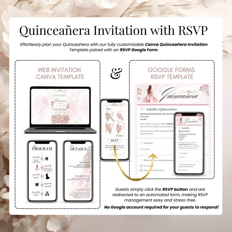 Editable Digital Quinceañera Website with RSVP Google Form included – Easy to customize