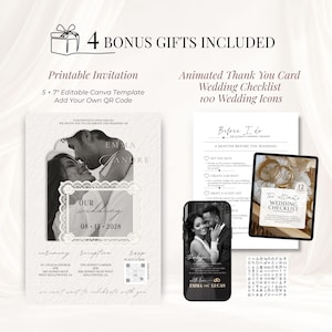 May include: A digital wedding stationery set featuring a 5 x 7 inch printable invitation template with a photo placeholder, an animated thank you card, a wedding checklist, and 100 wedding icons. The design includes text for ceremony, reception, and RSVP details with a QR code.