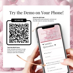 Try demo on your phone – Sleeping Beauty Quinceañera or Sweet 16 digital invitation website with QR code and mobile preview. Pink elegant design editable in Canva, with RSVP form, countdown and gift wishlist. Easy to customize invitation for modern princess-themed party.