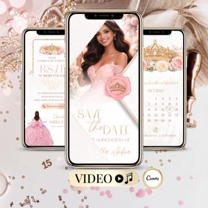 Quinceañera save the date video invitation pink blush gold Canva template featuring elegant envelope opening with wax seal animation, princess theme design, mobile video invite preview, digital Sweet 16 invitation idea, luxury editable MP4 invitation for SMS or WhatsApp sharing