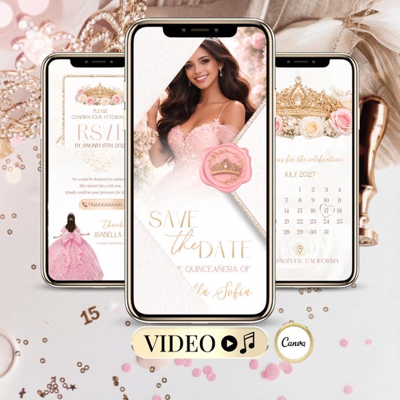 Quinceañera Save The Date Video Invitation | Sweet 16 Digital Invite Pink Blush Gold | Mis Quince Anos 15th Birthday Canva Editable Template