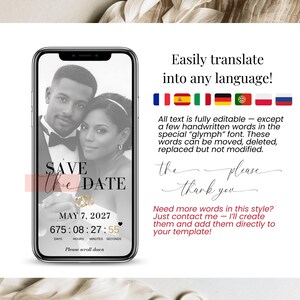 Multilingual digital wedding invitation example, showing easy translation of Save the Date invitation into any language using Canva.