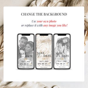 Editable wedding save the date digital invitation with RSVP tracking, calendar wedding invitation template in Canva, animated wedding evite with music, countdown and wedding website features, paperless modern wedding invite