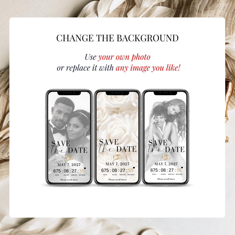 Editable wedding save the date digital invitation with RSVP tracking, calendar wedding invitation template in Canva, animated wedding evite with music, countdown and wedding website features, paperless modern wedding invite