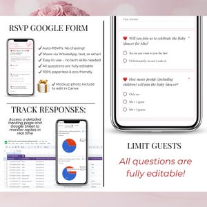 RSVP Google Form baby shower invitation, track guest responses, limit guests, editable online RSVP for pink baby girl digital invite