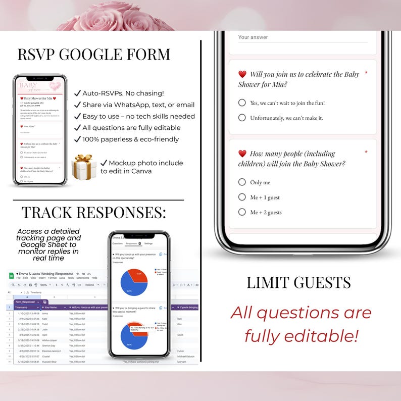 RSVP Google Form baby shower invitation, track guest responses, limit guests, editable online RSVP for pink baby girl digital invite