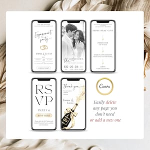Engagement party invitation with RSVP tracking overview showing Canva invitation website, Google Form RSVP integration, editable pages and mobile-friendly digital invite design.
