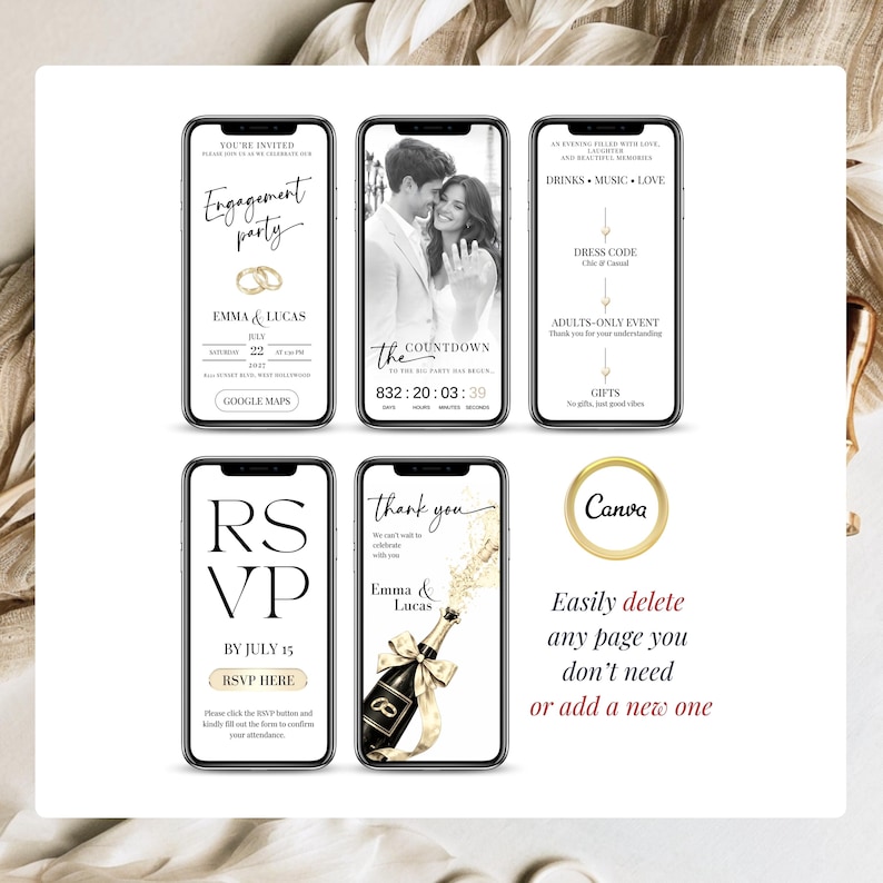 Engagement party invitation with RSVP tracking overview showing Canva invitation website, Google Form RSVP integration, editable pages and mobile-friendly digital invite design.