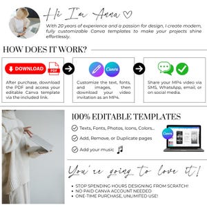 Editable Canva baby shower video invitation tutorial, showing how to download, customize, and share MP4 invite; 100% editable template with text, fonts, icons, and music; designer introduction with step-by-step instructions for SMS, email, and social media