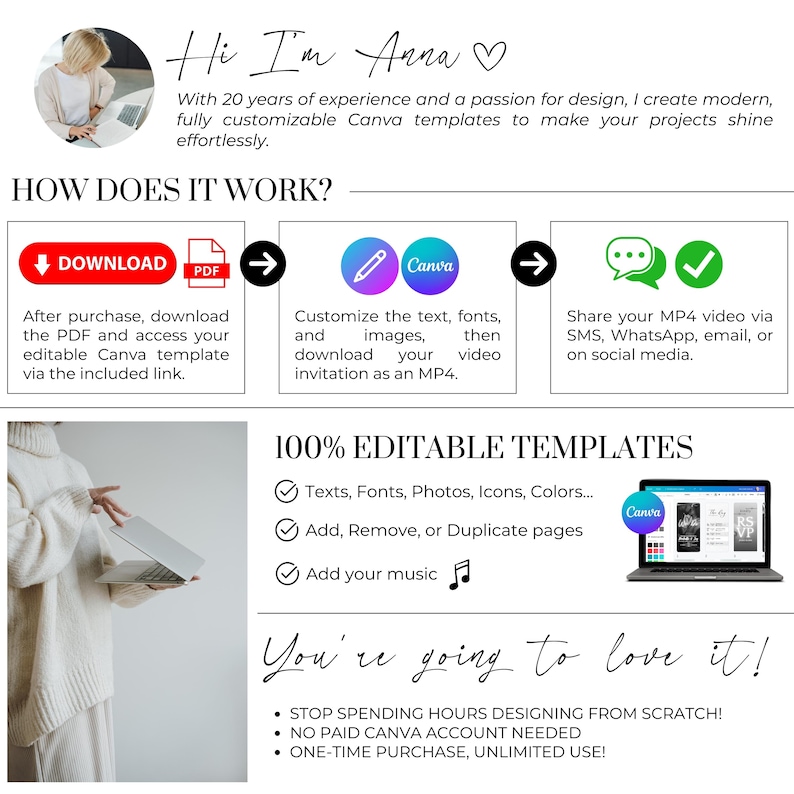 Editable Canva baby shower video invitation tutorial, showing how to download, customize, and share MP4 invite; 100% editable template with text, fonts, icons, and music; designer introduction with step-by-step instructions for SMS, email, and social media