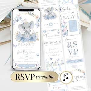 Peut inclure: Une invitation numérique pour une fête prénatale sur un écran de smartphone avec un éléphant gris, des roses bleues et des papillons. Le texte indique A little Peanut is on the way, Mia's Baby Shower, July 22, 2026, avec une icône Google Maps.