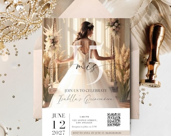 Elegant Quinceañera Invitation Printable with Photo and QR Code, Mis XV Sweet 15 & Sweet 16 Invite Modern Minimalist Canva Template Editable