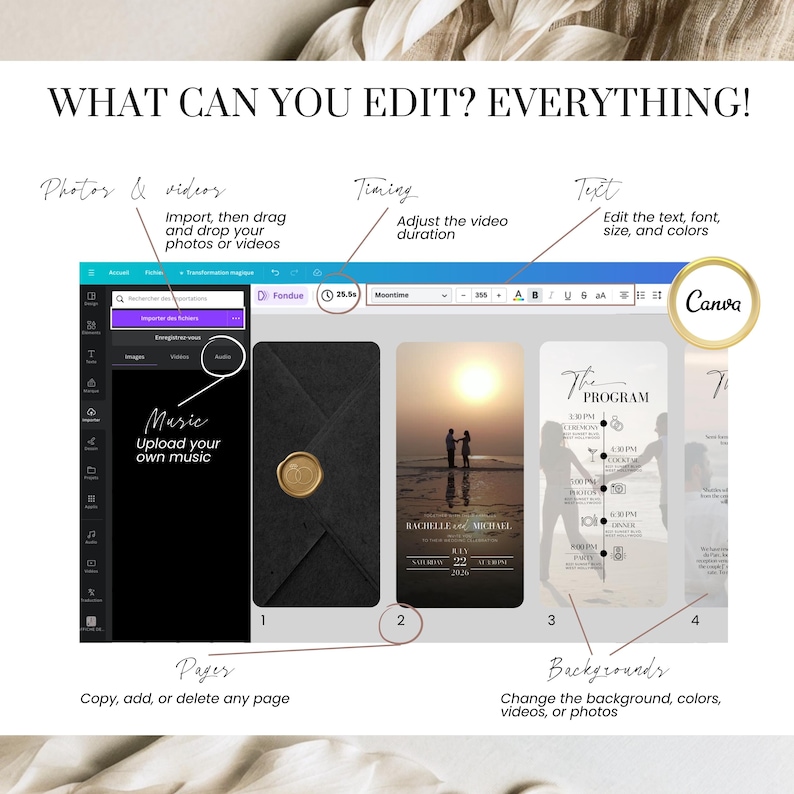 Fully editable Canva digital wedding invitation video – customize text, fonts, music, photos, backgrounds, timing, and layout. Includes envelope design, animated Save the Date, and wedding program. Easy drag-and-drop interface for personalized wedding invites.