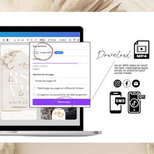 Screenshot of Canva download panel showing MP4 video export settings for a digital wedding invitation. Includes RSVP cover design and visual guide to sharing the video via SMS, Instagram, WhatsApp, TikTok, or email. Perfect for modern, paperless wedding invitations. Easy to edit and send using Canva and social platforms.