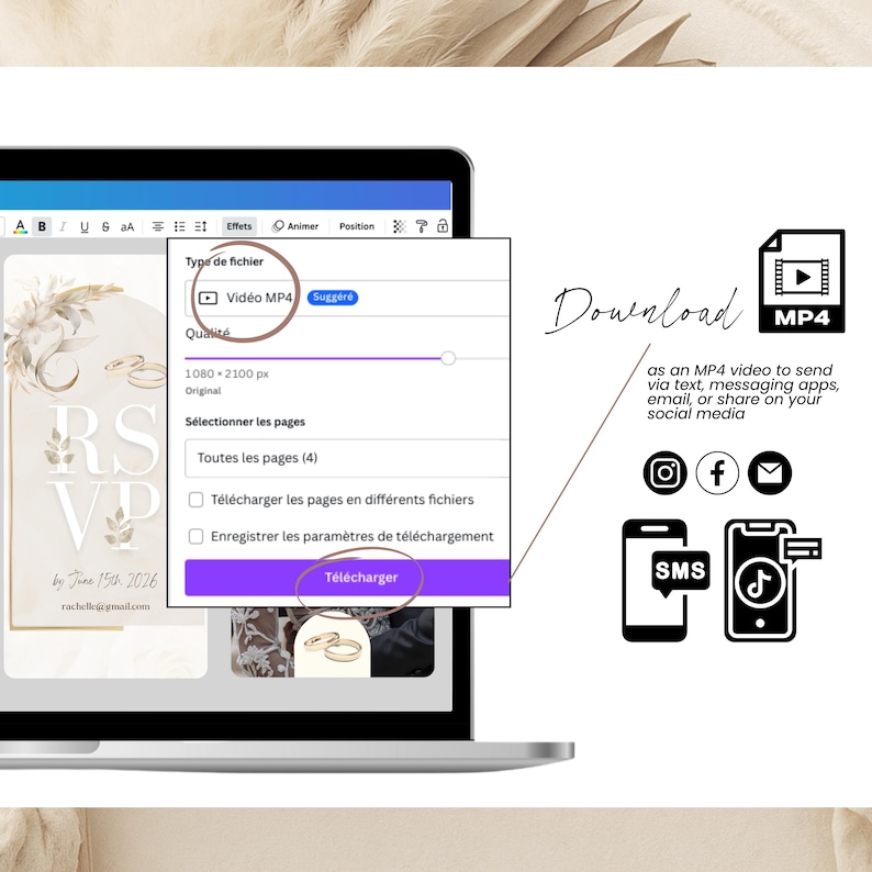 Screenshot of Canva download panel showing MP4 video export settings for a digital wedding invitation. Includes RSVP cover design and visual guide to sharing the video via SMS, Instagram, WhatsApp, TikTok, or email. Perfect for modern, paperless wedding invitations. Easy to edit and send using Canva and social platforms.