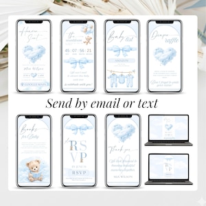 Baby shower digital invitation features including Google Maps link, baby registry link and background music. Heaven Sent blue baby shower invite for baby boy with teddy bear and cloud design.
