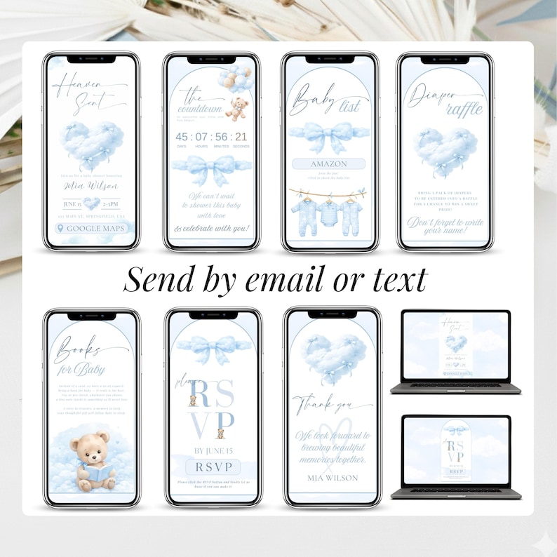 Baby shower digital invitation features including Google Maps link, baby registry link and background music. Heaven Sent blue baby shower invite for baby boy with teddy bear and cloud design.