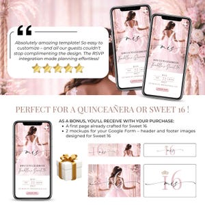 Editable Canva Quinceañera invitation in soft pink and gold with interactive RSVP tracker, mobile-optimized website, and elegant princess aesthetic perfect for Mis 15 and Sweet 16 parties.