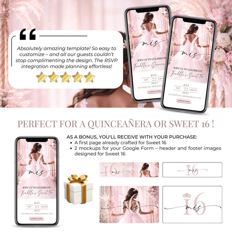 Editable Canva Quinceañera invitation in soft pink and gold with interactive RSVP tracker, mobile-optimized website, and elegant princess aesthetic perfect for Mis 15 and Sweet 16 parties.