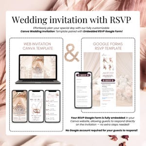 Wedding invitation with RSVP demonstrated on multiple phone screens, blush and burgundy theme, Canva editable website, floral animated layout, instant digital invite for elegant weddings, smartphone mockup preview for online RSVP tracking.