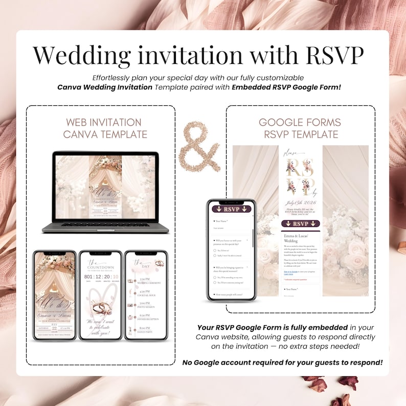 Wedding invitation with RSVP demonstrated on multiple phone screens, blush and burgundy theme, Canva editable website, floral animated layout, instant digital invite for elegant weddings, smartphone mockup preview for online RSVP tracking.