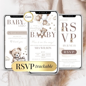 Modello di invito per baby shower a tema orso – We Can Bearly Wait Teddy Bear Digital Evite – Invito per neonato con RSVP online – Canva modificabile