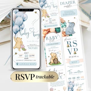 Invito per baby shower Winnie the Pooh, modello digitale RSVP per baby shower, invito per baby shower con orsetto e palloncino, modificabile.