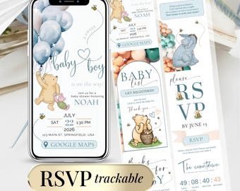 Winnie Baby Shower Boy Invite Winnie the Pooh Digital RSVP Baby Shower Template Balloon Bear Shower Editable Teddy Bear Boy Invitation