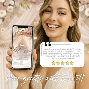 Bride holding phone with animated invite, customer review highlight, digital RSVP wedding invitation, modern online wedding card for elegant pink and burgundy weddings.