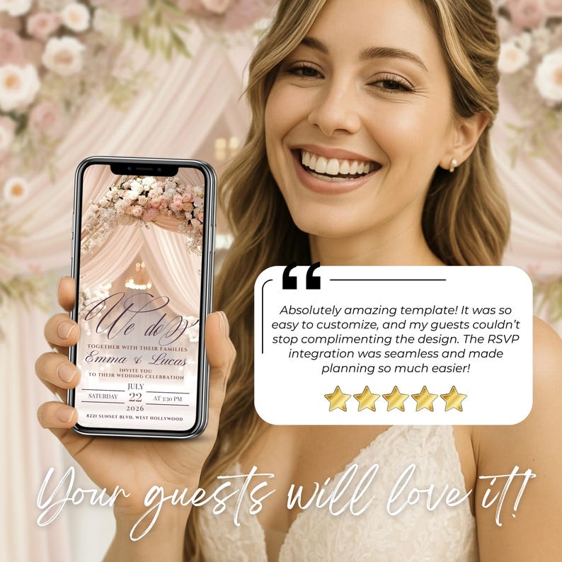 Bride holding phone with animated invite, customer review highlight, digital RSVP wedding invitation, modern online wedding card for elegant pink and burgundy weddings.