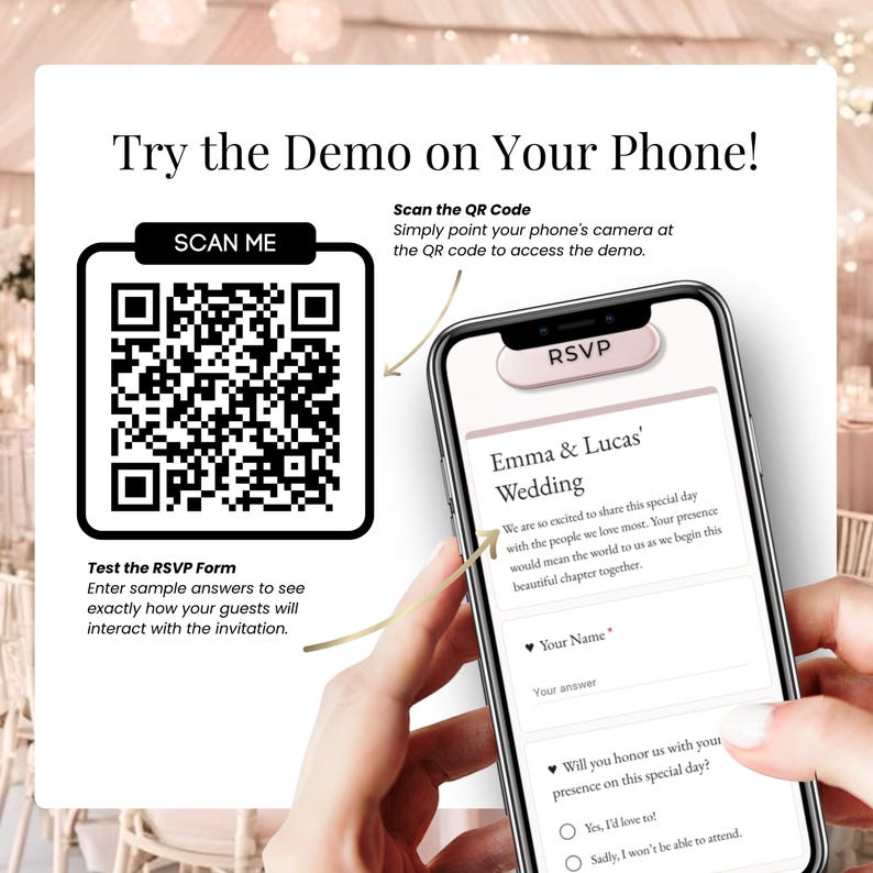 Try the wedding invitation demo on your phone – blush pink digital wedding invite with QR code, online RSVP form, and modern animated Canva design.