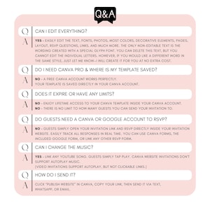 Baby Shower website invitation FAQ covering editable Canva template, Google Form RSVP, YouTube music, lifetime access, instant sharing, free Canva account and guest RSVP process.
