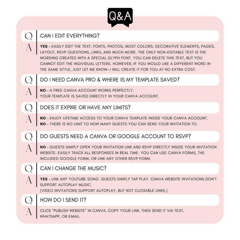 Baby Shower website invitation FAQ covering editable Canva template, Google Form RSVP, YouTube music, lifetime access, instant sharing, free Canva account and guest RSVP process.