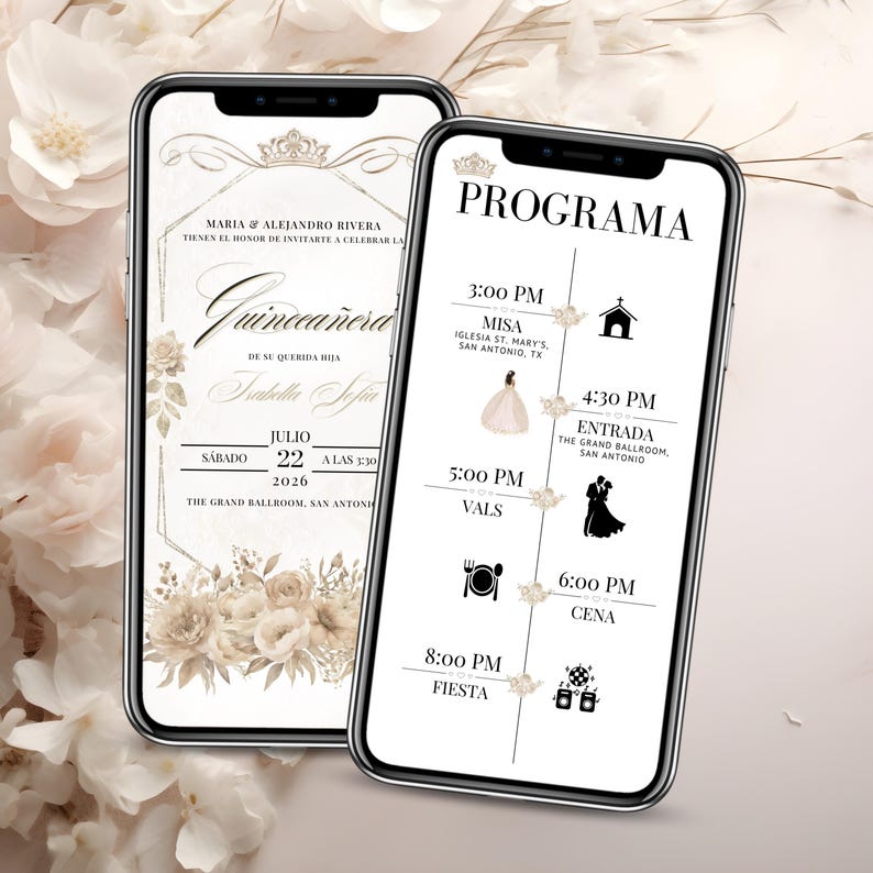 Invitación Digital Quinceañera con Programa | Editable en Canva | Fiesta de 15 Años con Horario de Eventos y RSVP Online
