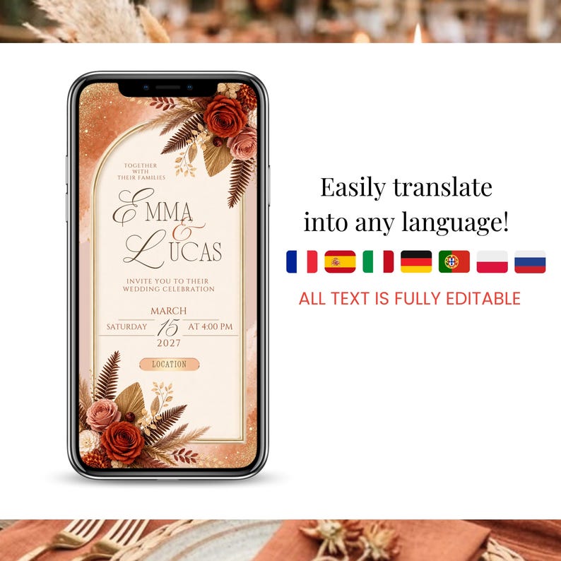 Multilingual wedding invitation Canva template, translate into any language, fully editable text, burnt orange wedding invitation RSVP website, terracotta wedding invitation, interactive fall autumn digital wedding invitation template