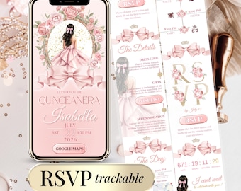 Invitación Digital Quinceañera Rosa con Lazo – Sweet 16 Coquette Editable – RSVP Mis Quince Años – Invitación Floral Canva Template