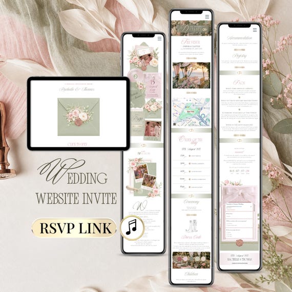 Romantic Floral Wedding RSVP Website Invite Pastel Pink & Sage Green Editable Canva Wedding Template Digital Mobile Invitation with Music