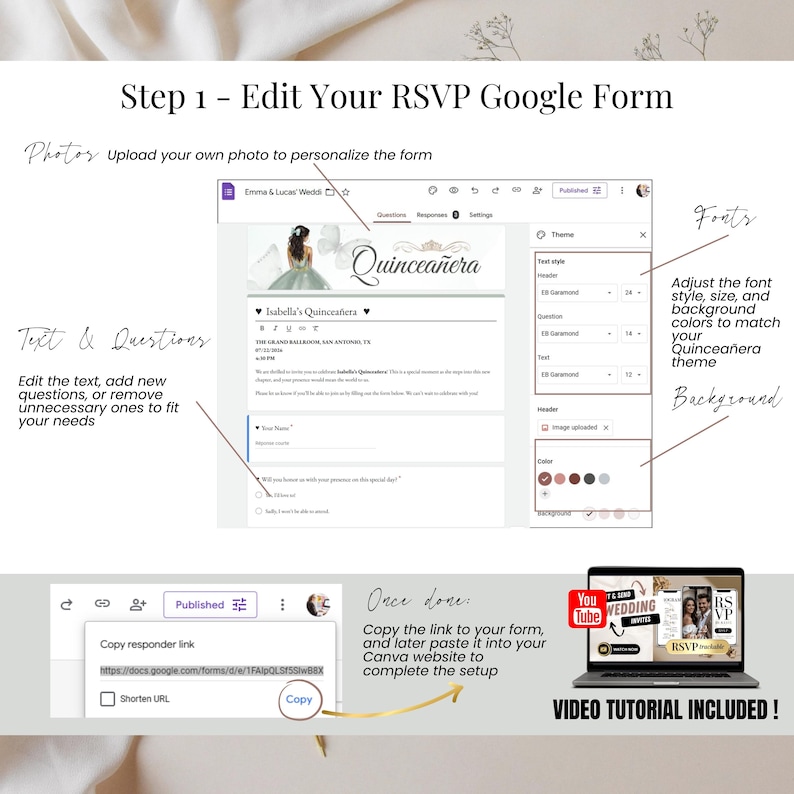 Step 1 – Edit Your RSVP Google Form for Sage Green Quinceañera Invitation – Customizable Canva Template