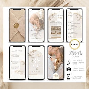 Editable Canva digital wedding invitation video template with 6 mobile-friendly pages: cover, couple photo, venue, day schedule, RSVP, and wedding details. Includes music, photo upload, and video personalization options. Elegant and romantic animated e-card for modern paperless weddings, shareable via WhatsApp, SMS, or email. Fully customizable wedding invite with floral design.