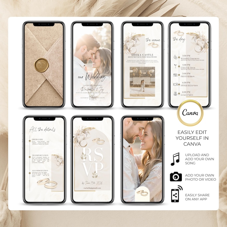 Editable Canva digital wedding invitation video template with 6 mobile-friendly pages: cover, couple photo, venue, day schedule, RSVP, and wedding details. Includes music, photo upload, and video personalization options. Elegant and romantic animated e-card for modern paperless weddings, shareable via WhatsApp, SMS, or email. Fully customizable wedding invite with floral design.