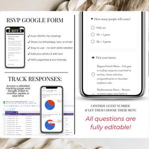 RSVP Google Form Wedding Invitation – mobile preview showing editable questions, guest count and menu choices, plus Google Sheets response tracking with charts – digital RSVP system for weddings, paperless, customizable and easy to use – Canva wedding website template with auto-RSVP – Templates4Branding