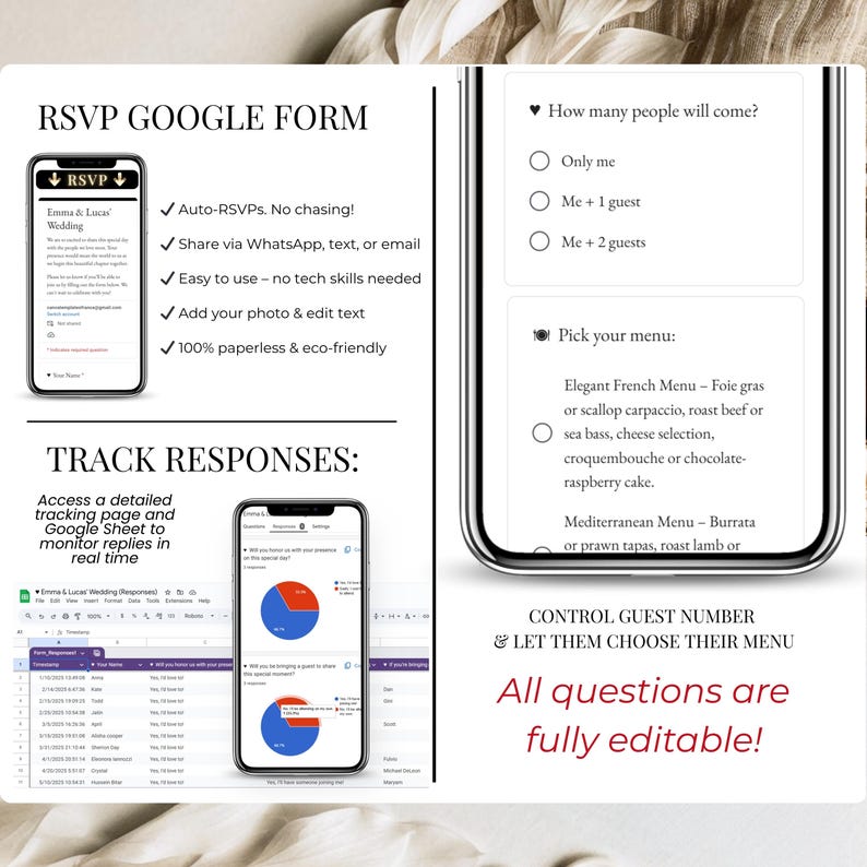 RSVP Google Form Wedding Invitation – mobile preview showing editable questions, guest count and menu choices, plus Google Sheets response tracking with charts – digital RSVP system for weddings, paperless, customizable and easy to use – Canva wedding website template with auto-RSVP – Templates4Branding