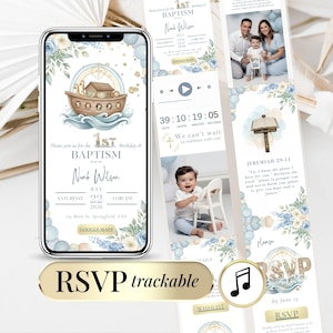 Peut inclure: Invitation numérique pour un baptême et un premier anniversaire, avec une illustration à l'aquarelle de l'Arche de Noé, un arc-en-ciel et des motifs floraux. L'invitation comprend les détails de l'événement, les informations RSVP et une photo de l'enfant.