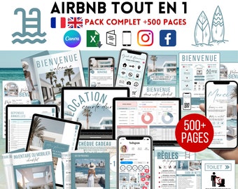 Beach Airbnb Host Bundle French English Welcome book Bilingual Airbnb Host Bundle +500 pages Welcome Sign Posters Airbnb Instagram Canva