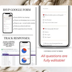 Trackable RSVP Google Form responses for digital wedding invitation, showing response charts and fully editable RSVP questions.