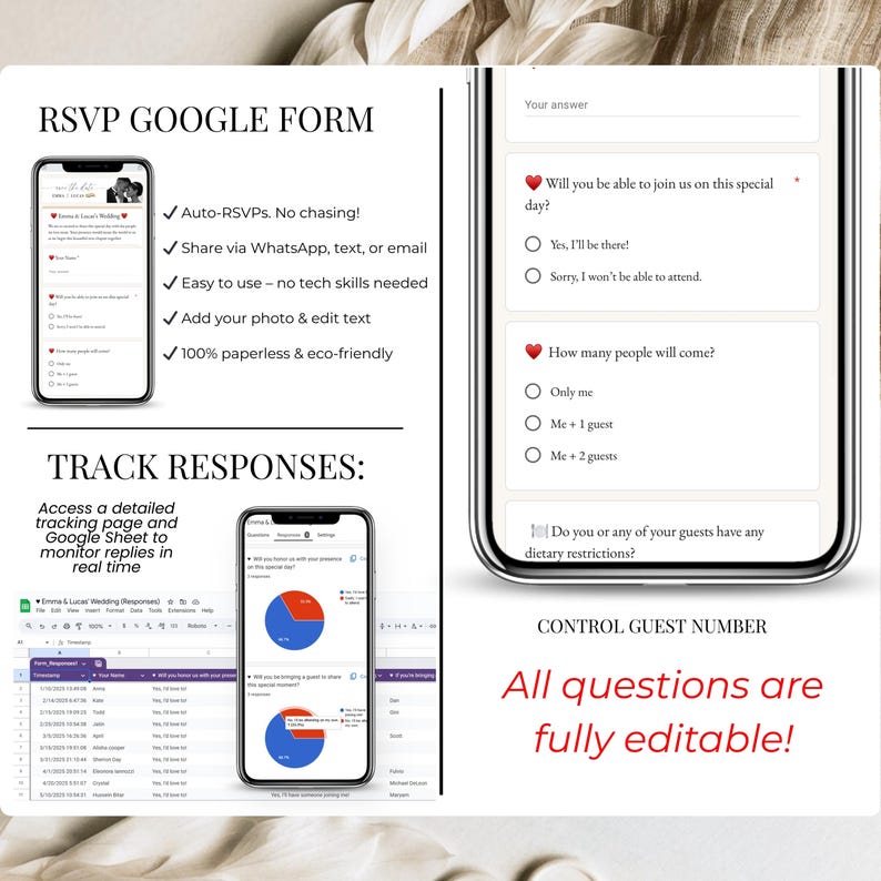 Trackable RSVP Google Form responses for digital wedding invitation, showing response charts and fully editable RSVP questions.